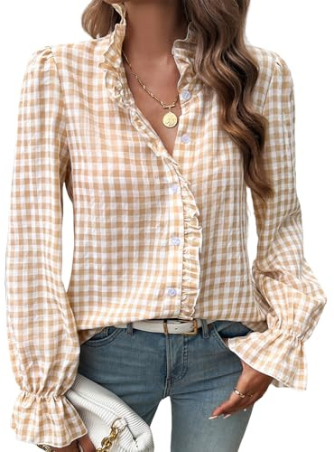 MINTLIMIT Womens Plaid Blouse Peasant Ruffle Neck Button Down Plaid Puff Long Sleeve Gingham Blouse Shirts