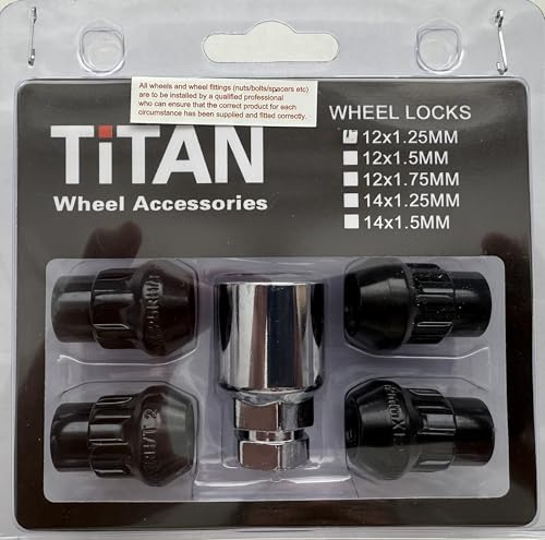 TITAN M12x1.25 Locking Wheel Nuts/Bolts with Key - Black - 60 Degree - Compatible with Nissan | Infiniti | Subaru