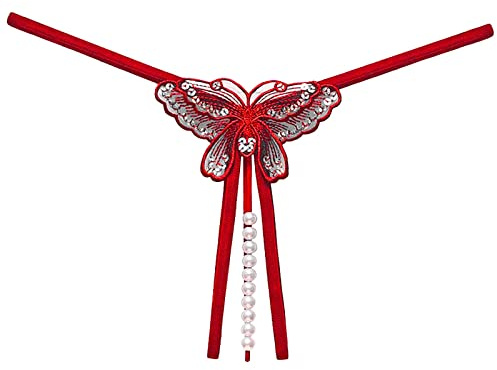 bgyujn String sexy pour femme - Perles de papillon brodées - Sous-vêtements respirants - Sous-vêtements brésiliens doux - Légers et transparents - Dentelle - Taille basse