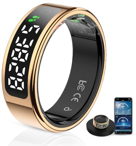 LCD Display Smart Ring - Sleep Tracker Touch Control Ring with Heart Rate/Blood Oxygen/Step Counter, Wireless Charging Dock, 5ATM Waterproof Fitness Tracker, No Subscription Fee for iOS/Android