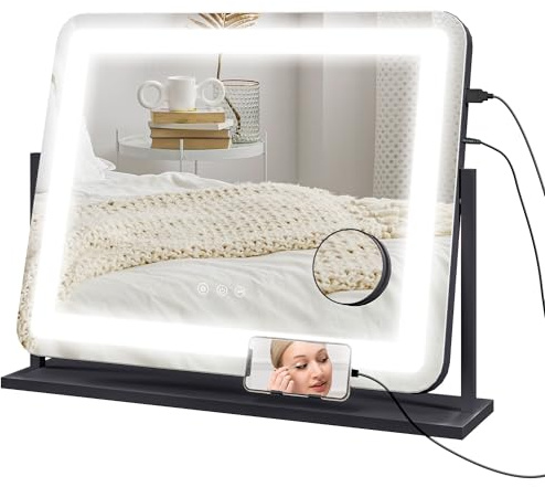 HOMCOM Schminkspiegel mit Beleuchtung, LED Kosmetikspiegel mit 3 Lichtfarben, Tischspiegel mit 10X Vergrößerung, Handy-Halter, USB-Ladeanschluss, 360° Drehbar, Schwarz