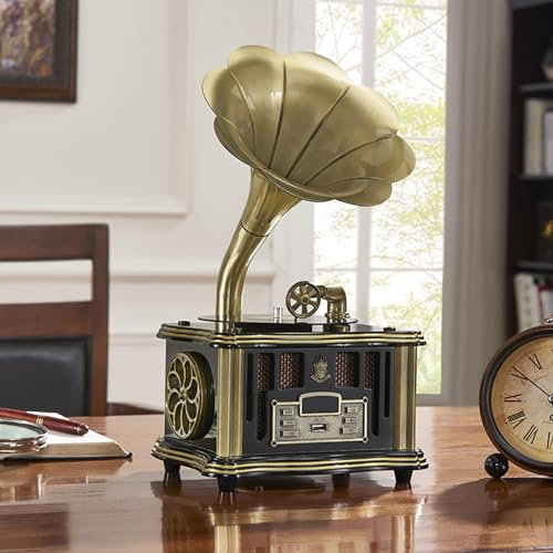 Turntable Gramophone with Bluetooth and FM Radio, Mini Retro Record Player, Remote Control Operated, Great Gift for Family and Friends