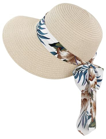 Feelorna Sombrero de Paja para Mujer, Protección UV, Sombrero de Paja con Ala Ancha, Transpirable, Sombrero de Playa, Sombrero de Verano Plegable para Viajes y Vacaciones, Beige A., Talla Única