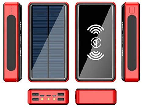 Batterie Externe, sans Fil, Solaire, Grande capacité, 50 000 mAh, Rechargeable, pour téléphone Portable, Rouge, 80 000 mAh