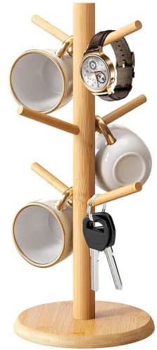 Tassenständer aus Holz,Hölzerner Brezelständer,Tassenhalter Baum mit 6 Detachable Hooks,Multifunktionsregal Baumbecherhalter Bambus Hölzerne Becherhalter für Küchentheke Tabletop Kaffeetassenregal