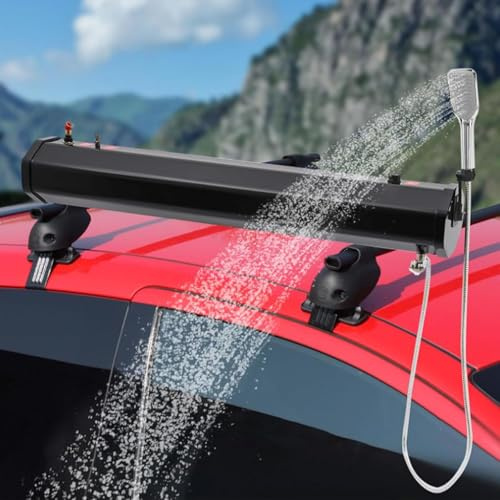 JIADUOFU Camping Dusche mit Pumpe, Dachträger Druck Wassertank 18L/20L/30L, Außendusche Solar, Duschbrause und Schlauch, Montage auf Dachträger für Geländewagen, Pickups, SUV 18L
