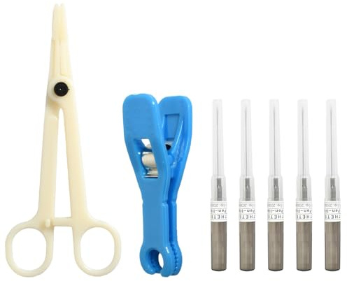 Rieoany 7 Pièces Aiguille Piercing Kit, avec Pinces à Mâchoires Rondes et Pinces à Ouvrir, Kit Piercing Oreilles, Nez, Lèvres et Sourcils (Gris, 16G/1.2mm)