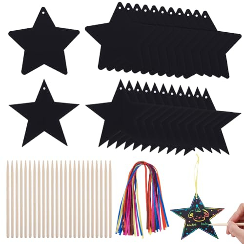 AHANDMAKER 96 Sets Star Rainbow Scratch Art Kit, Black Star Shaped Scratch Off Paper with Bamboo Tools and Hanging Ribbons Art Craft Supplies for Home Decoration School Party Favors Gift Making