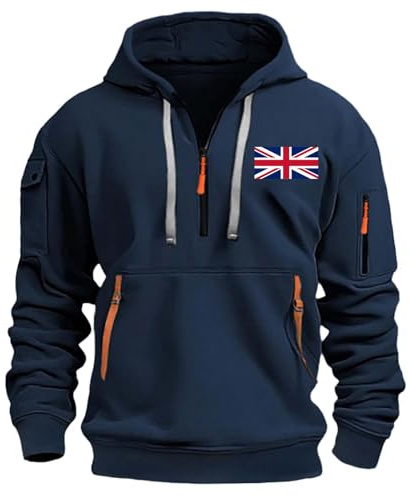 Zip Hoodies for Men UK, Quarter Zip Pullover Tactical Sweatshirt, Union Jack Colour Pullover Vintage Long Sleeve Casual Fashion Tops with Pockets
