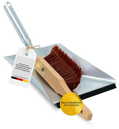 Fritze® Krallenhandfeger Linkshänder mit Kehrschaufel Classic & Gummilippe – Abgewinkelte Borsten für Teppiche & strukturierte Böden – Reinigungsset aus Holz – Innen & Außen – Made in Germany