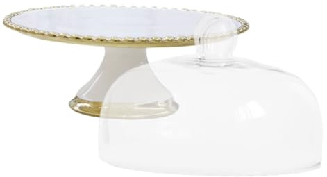 Veemoon Ceramic Cake Stand with Gold Rim Pedestal and Glass Dome Lid Dustproof Dessert Plate for Wedding Fruit Cheese Cupcakes Elegant Display for Home Restaurant Hotel Use
