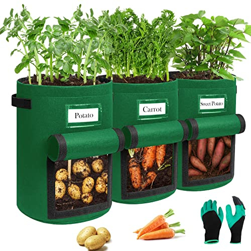 Airminti Kartoffel Pflanzsack 13-Gallonen Garten Pflanzsäcke: 3-Stück Filz Kartoffelsack mit Gartenhandschuhe für Tomaten, Kartoffeln, Pflanzen