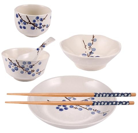HOMSFOU di Stoviglie Giapponesi Design Floreale Set di 6 Pezzi in Ceramica e Legno, Pratico Servizio da Tavola di Fiori di Prugno una Persona