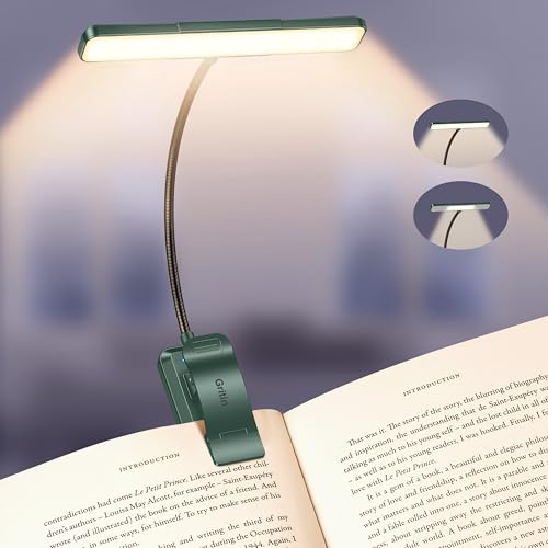 Gritin Läslampa för Läsning - 32 Ögonvårdande Fullspektrum LED | 5 Färger och 5 Ljusstyrkor, Justerbar Bred/Smal Ljuskägla, Långvarig Uppladdningsbar Kläm Boklampa för Bokälskare