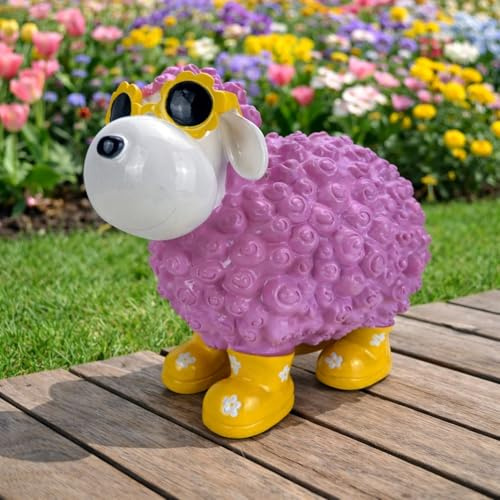 Online Fuchs Gartenfiguren für draußen, Cooles Schaf mit Sonnenbrille - 30 cm groß, wetterfest - Deko Figuren für Garten, Balkon und Terrasse (Rosa)
