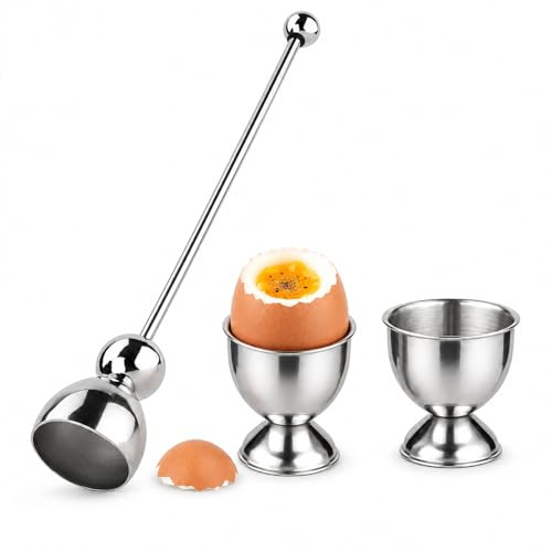 Egg Topper for Boiled Eggs, Stainless Egg Topper Cutter with 2PCS Egg Cups, Efficient Egg Shell Remover for Soft and Hard Boiled Eggs, Practical Kitchen Utensil for Home Hotel Restaurant