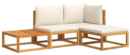 HETFTJN Set di 4 divani da giardino in legno di acacia massiccio, 65 cm, con schienale in rattan beige, cuscini color crema, gruppo di seduta modulare per piccoli balconi, terrazze e giardini