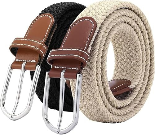 SZJH Set of 2 Womens Belt Casual Braided Elastic Fabric Woven Stretch Elasticated Belts