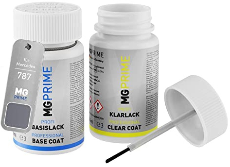 MG PRIME Autolack Lackstift für Mercedes 787/7787 Mountaingrau Metal. +1K | Mountain Grey Metallic / Mountaingrau Metallic, Set aus Basislack + Klarlack, Lackfläschchen mit Pinsel, je 50ml