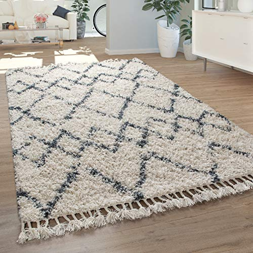 Paco Home Tappeto Shaggy a pelo corto per soggiorno o camera da letto in diversi design, colori e misure, Dimensione:80x150 cm, Colore: Crema 13