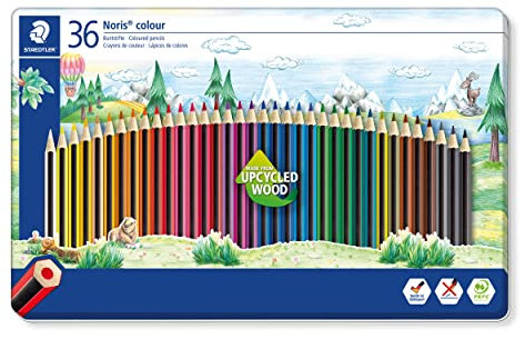 STAEDTLER Buntstifte Noris colour, rutschfeste Soft-Oberfläche, hohe Bruchfestigkeit, Made from Upcycled Wood, intensive Farben, Sechskantformat, 36 Farbstifte im Metalletui, 185 M36