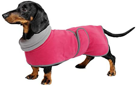 Geyecete -Gemütlich Polarfleece Winter hundemantel fur Dackel,Miniatur Dackel Fleece hundepullover,Hoher Kragen warmes Hundeveste mit Geschirr öffnung,Einstellbar kleine Hundejacke-Rosa-M