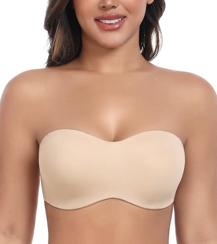 DotVol Women's Seamless Bandeau Unlined Underwire Minimizer Strapless Bra for Large Bust(Beige, 32DD)