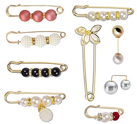 RuiChy 9 Pcs Heavy Duty Large Safety Pins for Sweater Shawl Cardigan, Faux Pearl Brooches Set for Women Jewelry Pins for Hats Shirt Skirts Decorative Craft Clips Fasteners for DIY Making