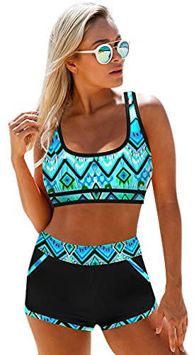 Uposao Dam hög midja badkläder 2 delar bikini set tryck baddräkt vadderad bikini set halterneck bikini topp hög midja bikini underdel