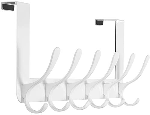 SKOLOO Over The Door Hooks - for Doors up to 4.5cm Thick, No Assembly Required, Stainless Steel Door Hanger with 6 Hooks, Over The Door Hanger for Coats Clothes Hat Towel Jacket, White