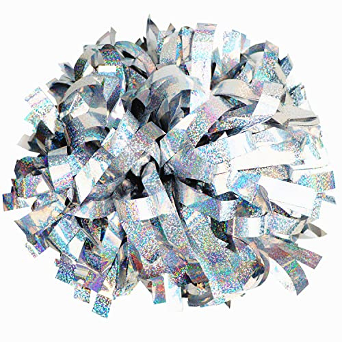 GUIFIER 2 Stück Pom Poms Cheerleading 15,2 cm Metallic Holographic Cheerleader Pom Poms mit Taktstockgriff, Pompons Cheer Pom Pom für Cheering Squad Daily Training Team Spirit (Silber)