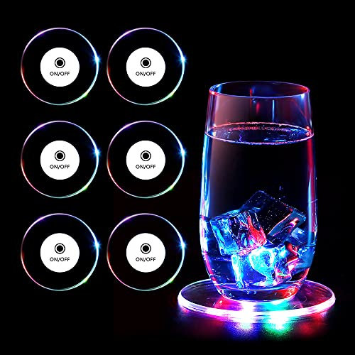 mizikuu 6er-Se Bunt LED Untersetzer, ON/Off Taste Getränke Untersetzer Set Leuchtende Untersetzer Acryl Rund wasserdichte Leuchtuntersetzer für Gläser Flaschen Partys Hochzeiten Bar Weihnachten