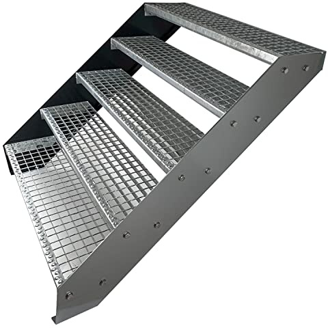 Premium Caillebotis acier Escalier à limon 5 Marches Entièrement galvanisé et Argenté Limons revêtus de poudre - Dimensions (L x l x H) 101cm x 80cm x 95cm
