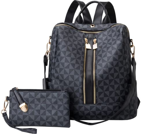 Kiepoar Damen Rucksack Leder mit Wallet, Lederrucksack Diamantmuster mit Schultergurt als Umhängetasche, Elegant Stilvoll Tasche Backpack Große Mode Bag für Arbeit Schule Reise