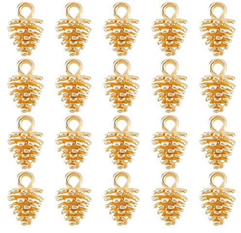DICOSMETIC 20 Pcs Pommes de Pin Charme 18K plaqué Or Charmes Nature Noix Charme Plante Ornement Pendentif Tibétain en Laiton Charme avec Trou pour la Fabrication de Bijoux de Noël, Trou: 2mm