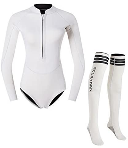 Soyeacrg Damen Bikini Shorty Neoprenanzug 2 mm Neopren Einteiler Langarm Reißverschluss vorne UV-Schutz Wasserflossensocken Thermostrümpfe zum Surfen Schwimmen Tauchen Schnorcheln,White,XS