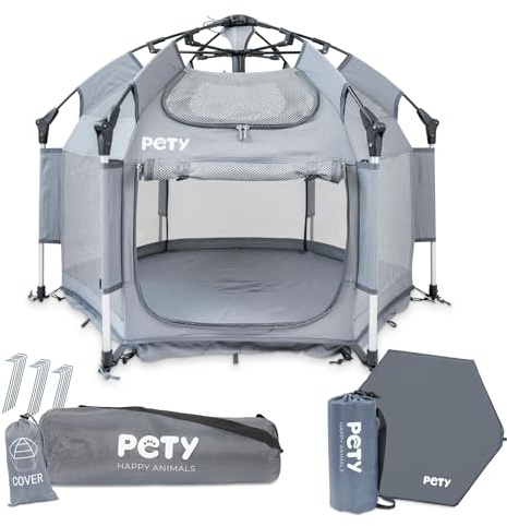 PETY Kit Parc pour Chien - Tente Mobile 110 x 80 cm - avec Sac de Transport, Toit UV et Tapis de Sol - Enclos pour Animaux - Accessoires de Voyage - Anthracite