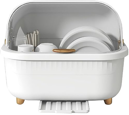 Escurridor de Platos con Tapa Caja de Secado de Platos de Plástico Escurridor de Platos Multifuncional para Ahorro de Espacio para Accesorios de Cocina (M blanco)