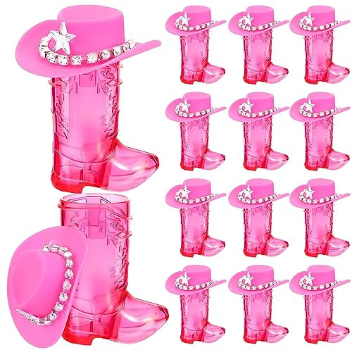 Tanlade 24 Pcs Mini Shot Glasses Set Pink Cowgirl Hat Glitter Holographic Sequin Cowboy Hat Boot Shot Glass Party Supplies (Vibrant)