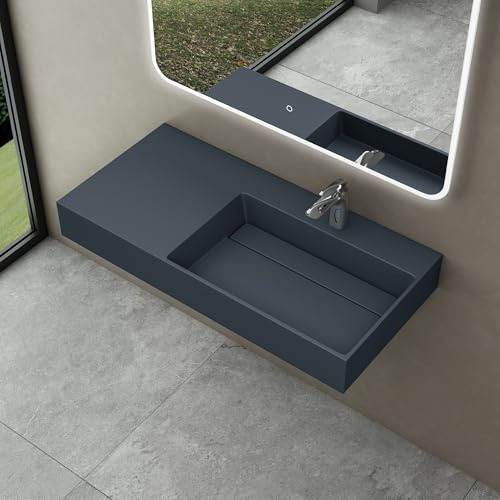 doporro Waschbecken Waschtisch 90x48x13 cm mit verstecktem Ablauf in matt Anthrazit aus Mineralguss als Aufsatzwaschbecken und Hängewaschbecken geeignet Colossum12-R