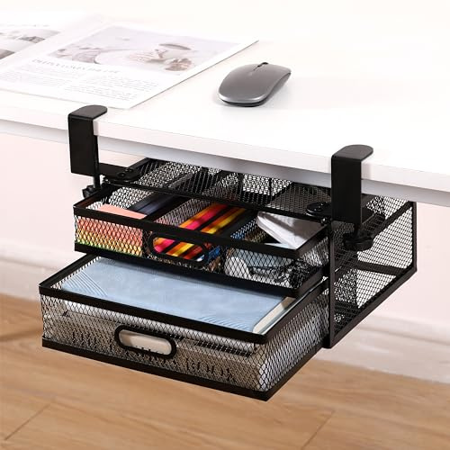 ROLIZOE Clamp On Under Desk Drawers 2 Large Capacity Mesh Metal Drawers Slide Out Under Desk Storage No Drill Under Desk Drawer Organiser Small Under Shelf Drawer Hidden Organiser for Home Office