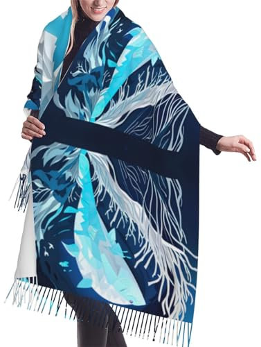 Frischer Kirsch-Kunst-Kaschmir-Schal, Quaste, warmes Fransen-Schal-Set für Damen, vielseitig für alle Jahreszeiten, Dunkelblauer Tierwal, One size