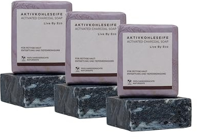 Live By Eco SchwarzeSeife - Aktivkohle Seife gegen fettige Haut - KohlenSeife als Porenreiniger - entgiftende feste Seife - Black Bar Soap handgemachte Naturseife - Gesichtsreinigung vegan - 3Stk
