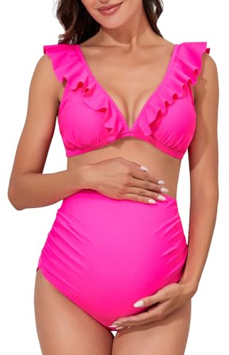 Summer Mae Maternity High Waist Swimsuit Two Piece Ruffle Bikini Bathing Suit Floral V-Neck Pregnancy Swimwear Hot Pink Large