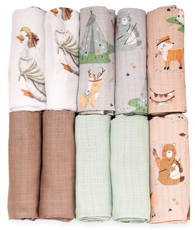 FENSILO Muslinblöjor | Muslindukar – 10-pack 70 x 80 cm | tygblöjor | Torka av och täcka nyfödda | muslindukar för spädbarn | regnbåge
