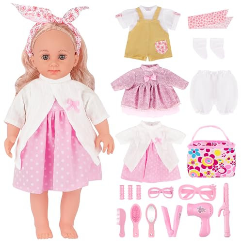deAO Ensemble de Jeu de Poupée Bébé, Poupée Déguisement 36cm avec 3 Tenues et Accessoires pour Peigner et Coiffer, Set Vêtement de Poupee Cadeau de Noël