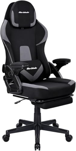 T-LOVENDO.ES Silla Gamer Gaming Profesional, Ergonómica, de Tela Transpirable y Antimanchas, Reposabrazos Abatibles, con Reposapiés. para Adultos. Altura Regulable y Respaldo Abatible. (Negro/Gris)