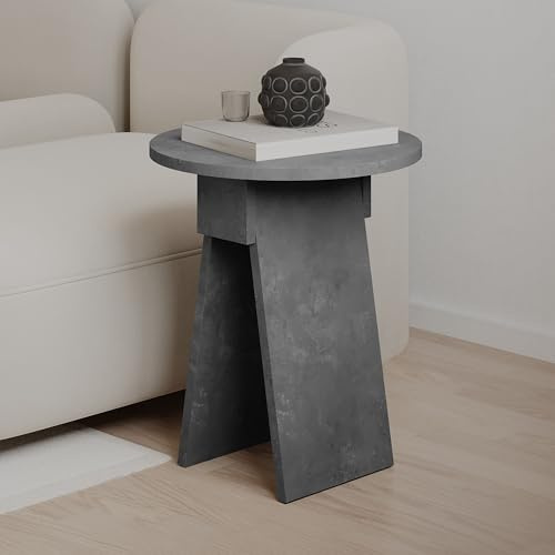 HOCUS PICUS Side Table Round Shape Top Engineered Wood 2 Legs, Retro Grey | Sofa, Coffee and Service Table Living Room, Office, Bedroom, 42x42x50cm
