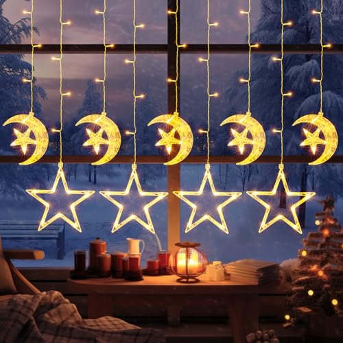 GlobaLink Sternenmond Lichtervorhang, Sternenvorhang 125LEDs Weihnachtsdeko Fenster 8 Modi mit Timer Batteriebetrieben für den Innen- und Außenbereich Ramadan Kinderzimmer Schlafzimmer Hochzeit