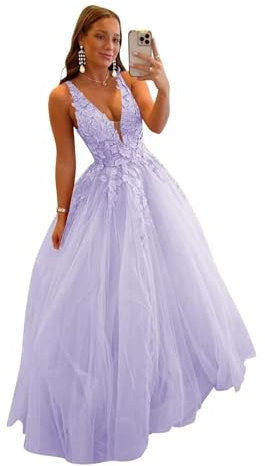 Vestido de tul para mujer, con cuello en V, vestido de fiesta con apliques de encaje, vestido largo de princesa, vestido de baile formal, vestido de boda, Lila, 4XL